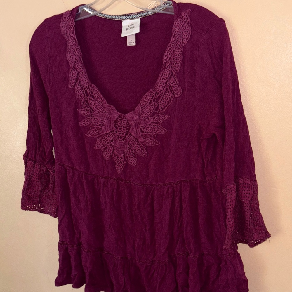 Knox Rose Deep Burgundy Crochet Accent Blouse L ⭐️